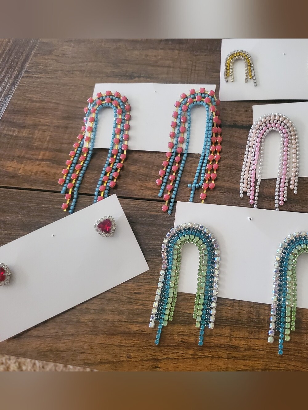 Multicolor Rhinestone Fringe Earrings - Pink, Clear, Pearl, Blu & Green Set Of 5